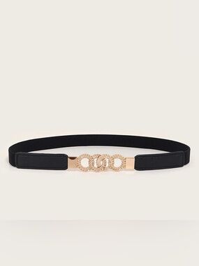 Black Elastic Waist Belt with Gold Interlocking Rings